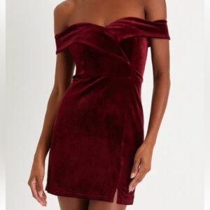 Lulus Attractive Aesthetic Off-the-Shoulder Large Burgundy Velvet Mini Dress